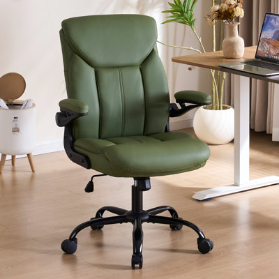 Office Chair, Ergonomic Computer Chair with Flip-up Arms Home Desk Chairs Comfy PU Leather Executive Mid Back Support Adjustable Height Tilt Lock Swivel Rolling Wheels,LightGray