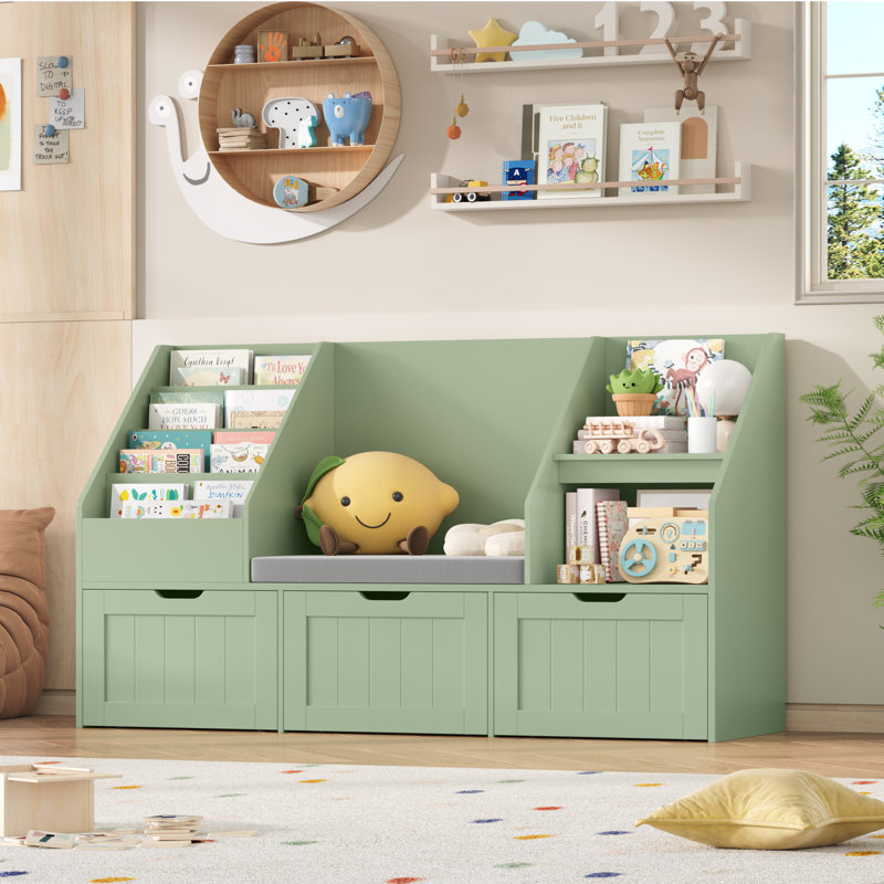 55.1" W x 31.5"H 3-IN-ONE Kids Bookcase with 3 Drawers, Soft Cushion, 4-Layer Bookshelf, Reading Nook, Sage Green