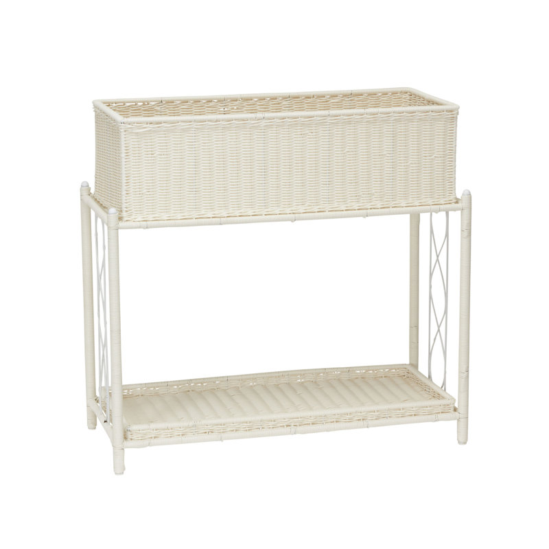 White Resin Wicker Two-Tier Indoor Outdoor Planter Stand