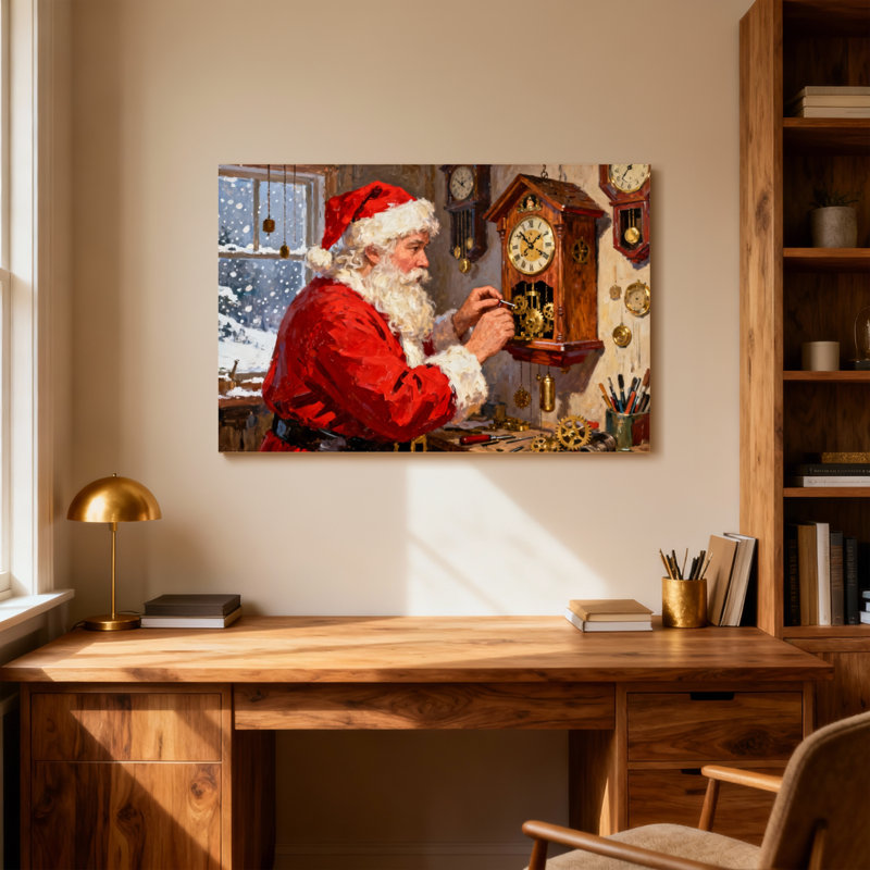 Horloges de Noël de père Noël dans une scène d'atelier, H 24 po x l 36 po