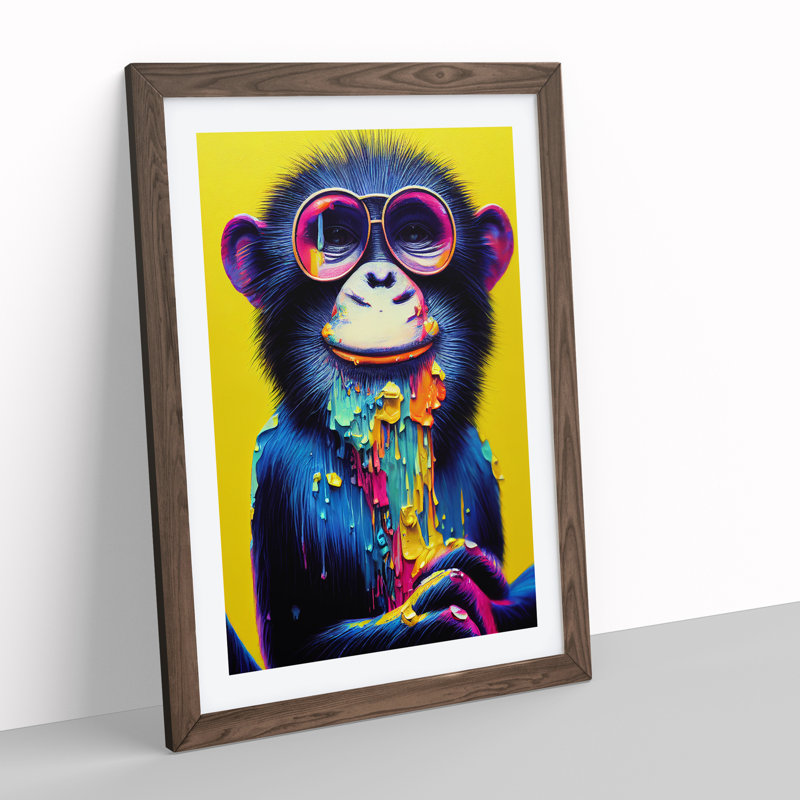 Paint Drip Monkey No.3 1 Piece Single Picture Frame Wall Art, 64cm H x 46cm W x 2cm D, Walnut