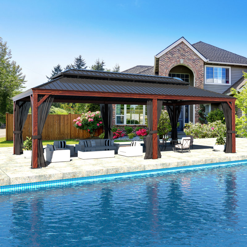 Pavillon de jardin en aluminium à double toit avec toit rigide 24 po x P 14 po, pavillon en aluminium à finition en bois pour l'extérieur