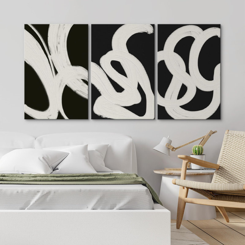 Black And White Stroke Abstract Geometric Decor Boho Mid-Century Modern On Canvas 3 Pieces Print, 36" H x 72" W, No Frame