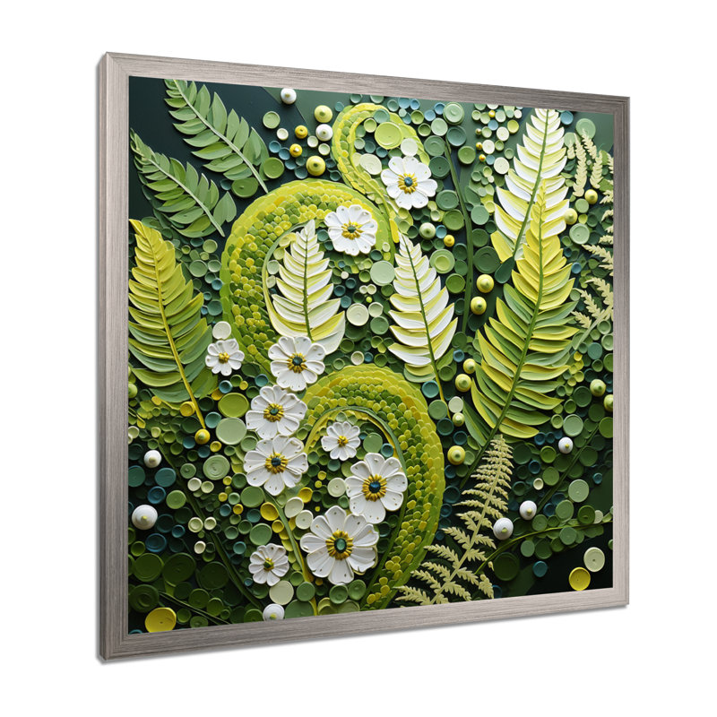Fougères vert clair plante fantaisiste spirales I - fougères, art mural, H 16 po x l 16 po x P 1 po, Cadre simple argenté