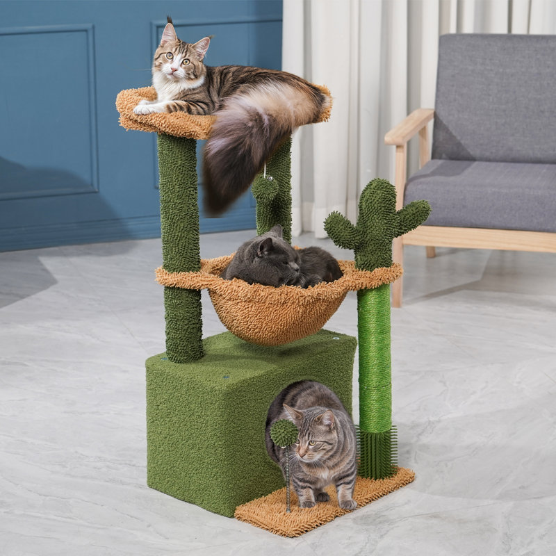Everee 33" Cat Tree Tower, Green Cactus Cat Tree Condo House with Scratching Posts, Perch, Hammock