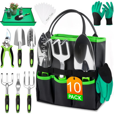 Garden Tools Set - 10 PCS, Heavy Duty Gardening Hand Tools Kit With Storage Tote, Rust-Resistant Gardening Supplies For Planting With Non-Slip Ergonomic Handle For Women And Men (Green)