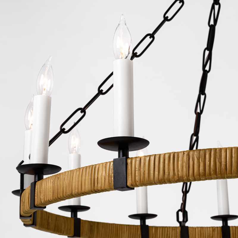 Darlana 12 - Light Wagon Wheel Chandelier, 24.5" H x 30" W x 29" D, Polished Nickel/Natural Rattan