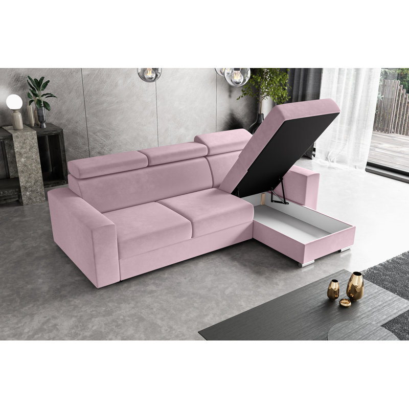 Philbert Corner Sofa Bed, Pink Polyester, Right Hand Facing
