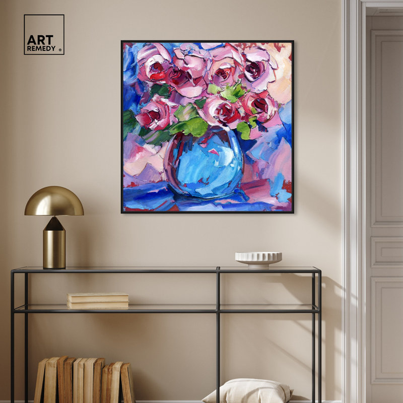 Art floral abstrait sur toile abstraite, Cadre noir, H 13 po x l 13 po