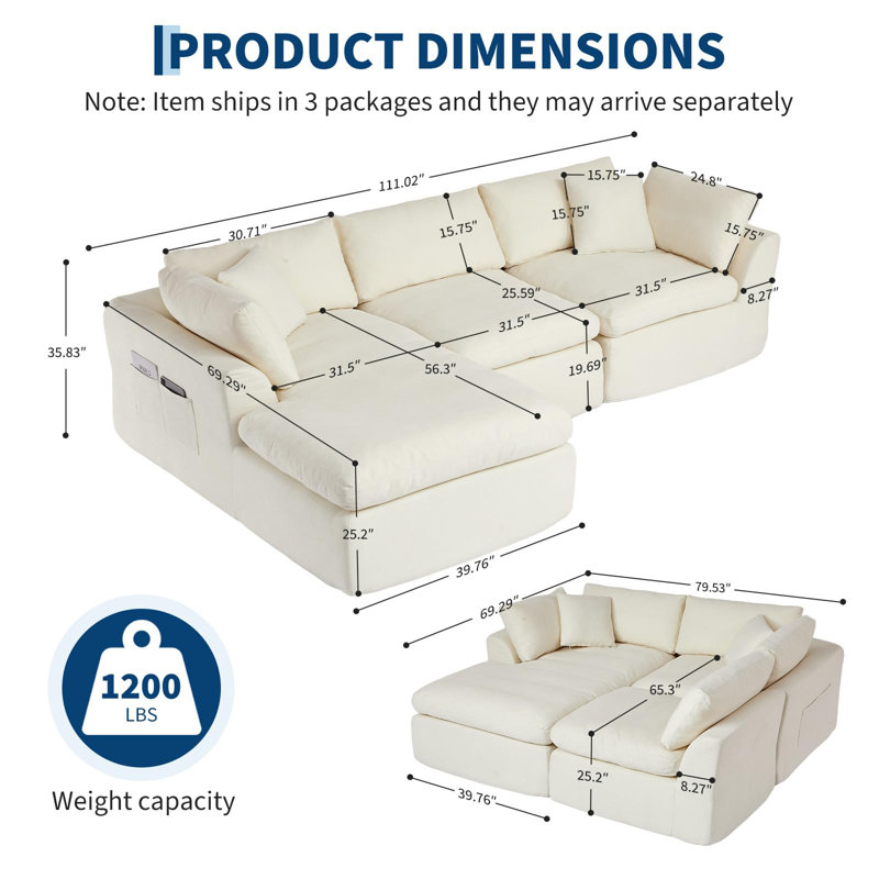 Canapé d'angle modulaire Chenille Cloud avec méridienne et pouf, canapé compressible 3 pièces, sans assemblage, beige