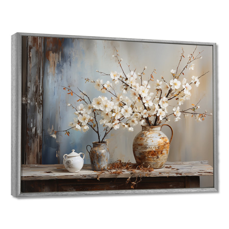 Art mural, poterie et fleurs, H 16 po x l 32 po x P 1 po, Silver Floater Framed