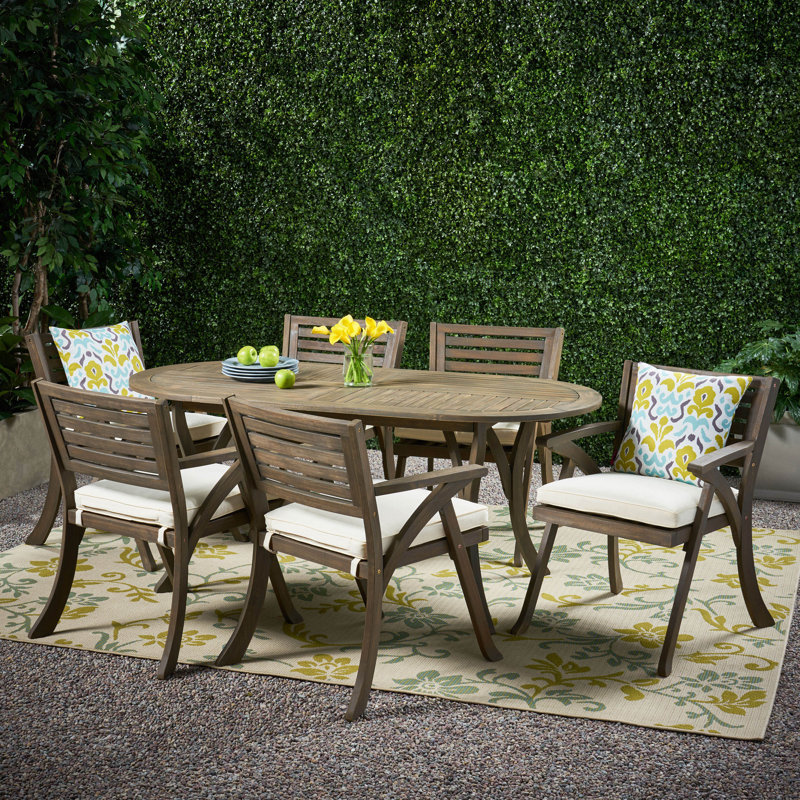 Gray Acacia Wood 6-Person Outdoor Dining Set with Cream Cushions