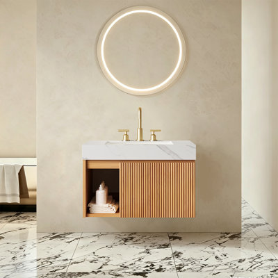 Meuble-lavabo mural de luxe en bois naturel 30 po avec meuble-lavabo flottant Mid-Century