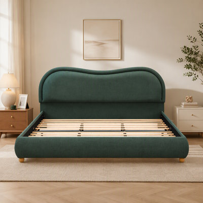 Très grande base de lit tapissier plateforme avec tête de lit arrondie à coins arrondis, lattes en bois, pieds en bois de chêne massif, tissu chenille, aucun sommier requis, assemblage facile, vert olive