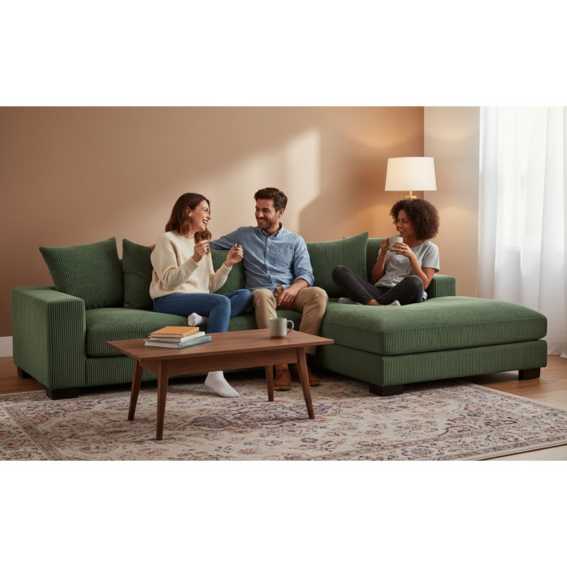 Corduroy L-Shaped Sectional, Right Hand Facing, Dark Green Corduroy