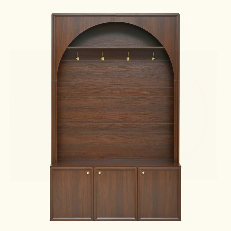 Farmhouse All-In-One Hall Tree With Adjustable Shelves, Retro Arched Entryway Storage Bench With 3 Cabinets, Wooden Coat Rack Organizer With 4 Golden Hooks For Mudroom, Hallway