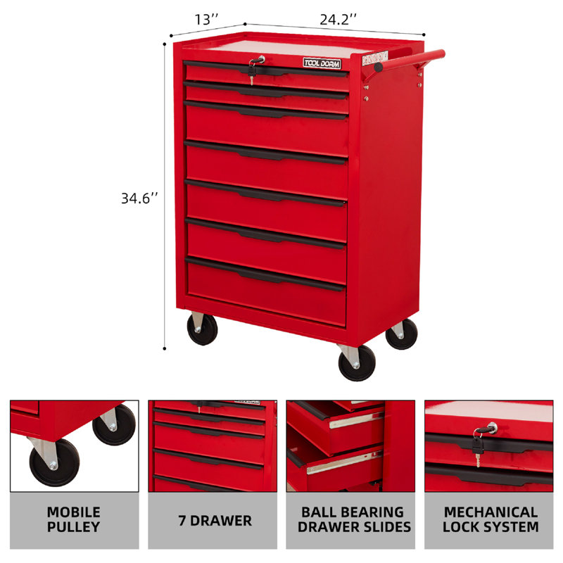 7 Drawer Rolling Tool Cabinet, Large Capacity Metal Tool Box, With Wheels And Key Lock, Rolling Storage Tool Car Suitable For Garage, Warehouse, Work Shop