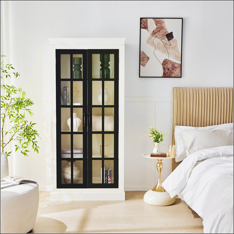 71.2'' Tall Display Cabinet With Glass Doors, Black/Cream White