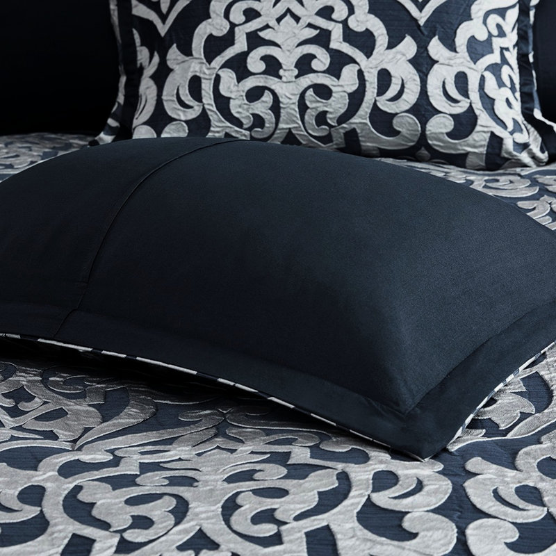 King Comforter Navy/Silver. 8 With Interior. Contains 1 Comforter, 2 Euro Shams, Decorative Pillows, Bed Skirt. Textured Weave For A Modern Bedroom. Machine Washable In Content. Includes Captivating
