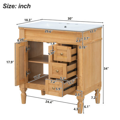 Meuble-lavabo moderne de 30 pouces, structure en bois massif + panneau de fibres à densité moyenne, 2 portes 3 tiroirs, tablette réglable en forme de U, lavabo en céramique, ensemble d'armoires de rangement pour salle de bain, design moderne et élégant