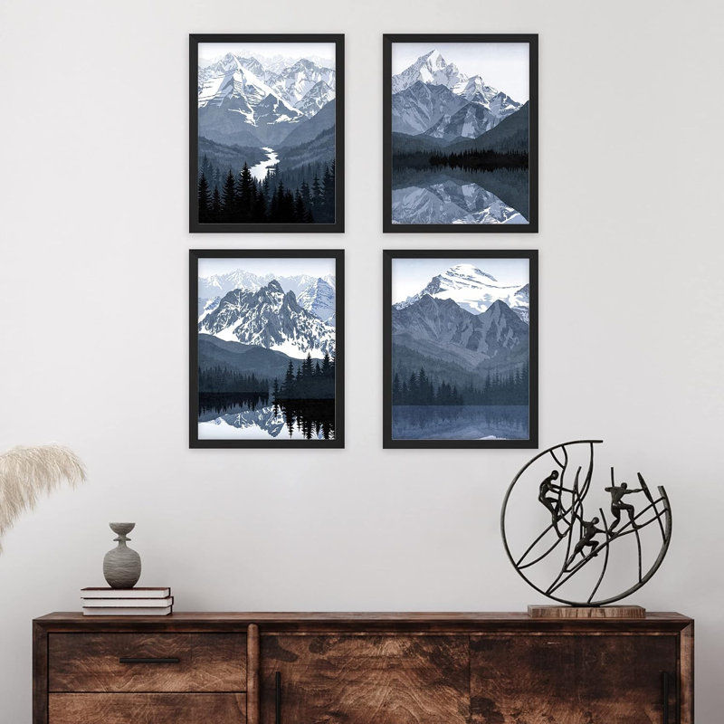 «Snowy Winter Forest Mountain», impression sur papier 4 pièces, Noir, H 14 po x l 11 po x P 1 po
