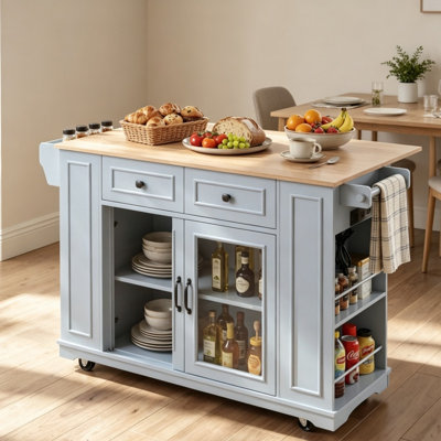 54" Mobile Kitchen Sideboard Cabinet, Equipped With Power Socket, Glass-Door Storage Cabinet, Open Shelves, Spice Rack, Knife Rack, And Rollable Kitchen Countertop, Suitable For Restaurants
