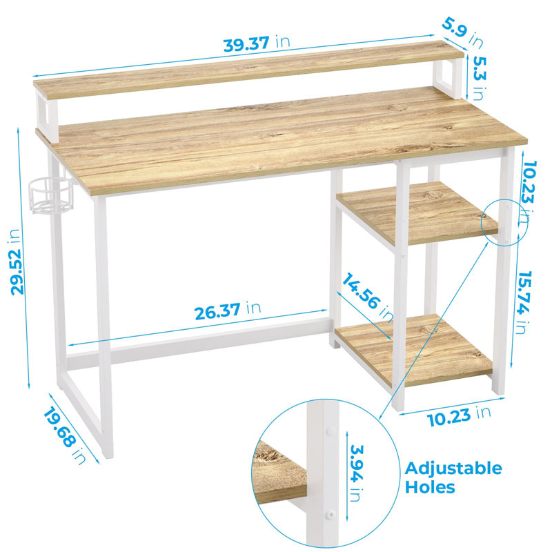Computer Desk With Full Monitor Stand And Reversible Storage Shelf, 100 Cm, Beige