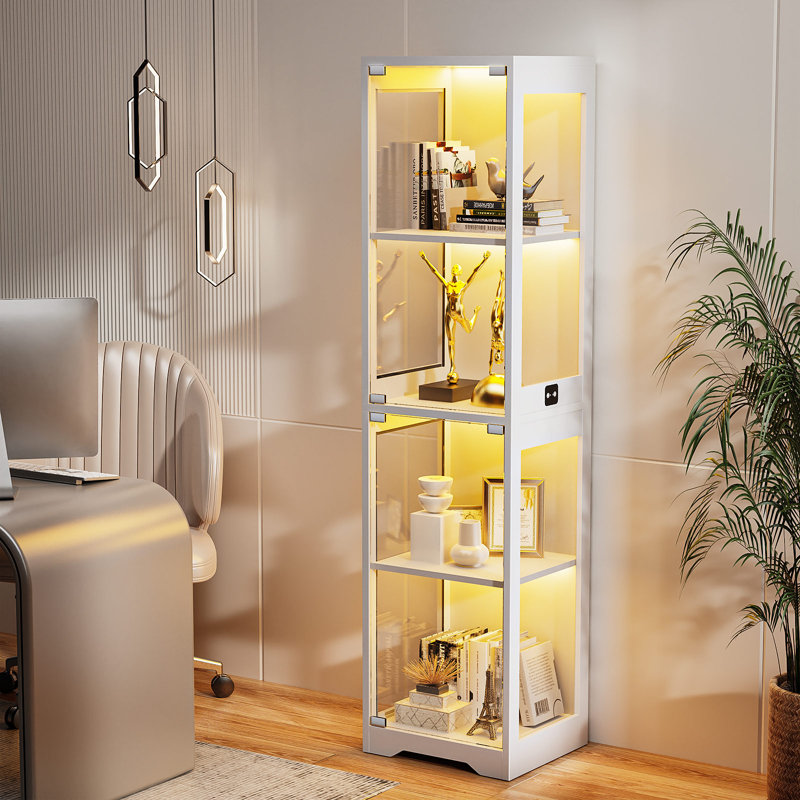 63" 4-Tier Curio Display Cabinet with Handleless Pop-Up Glass Door, 3-Color Motion Activated LED Lighting , White