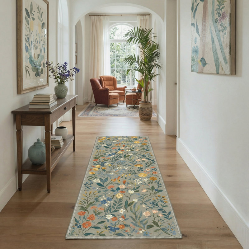 Eden Floral Machine Washable Floral / Blush Pink Indoor Runner Rug With Non-Slip Backing, Runner 2'4" x 6'