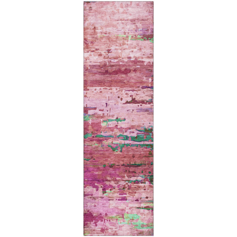 Premium Machine Washable Mayfield AMF2035 Abstract Rug, 2'3" x 7'6" Runner, Pink