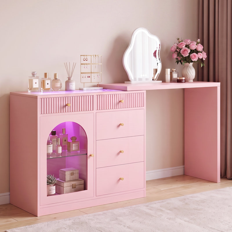Meuble-lavabo extensible 3 en 1 avec lumières DEL, 5 tiroirs et vitrine en acrylique - Table de maquillage en forme de L avec façade cannelée et télécommande