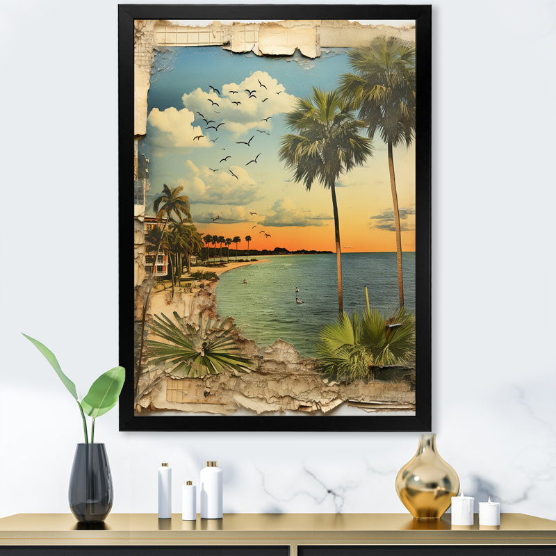Collage rétro de la Floride, palmiers et plage - Floride, art mural, H 40 po x l 30 po x P 1,5 po, Cadre simple noir