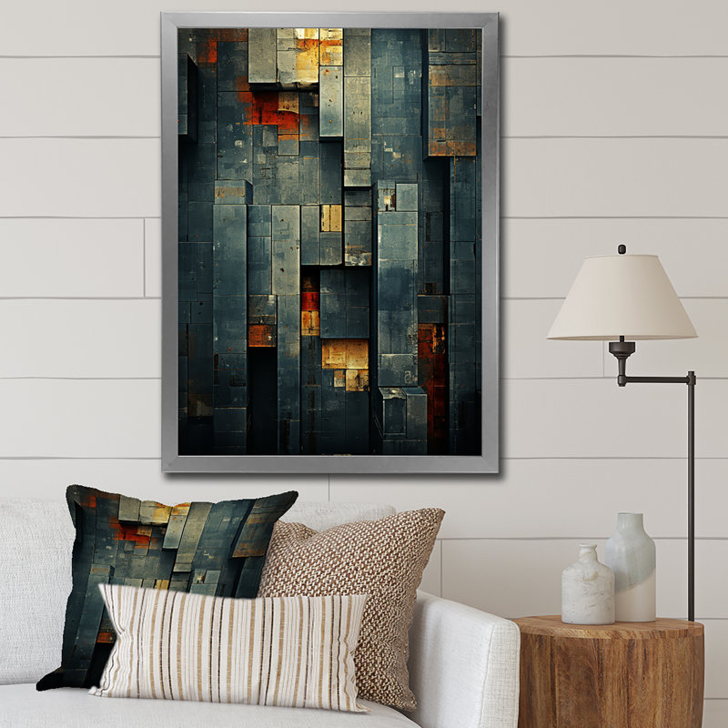 City Blue Retro Minimalisme - impressions géométriques murales modernes, Cadre simple argenté, H 40 po x l 30 po x P 1,5 po