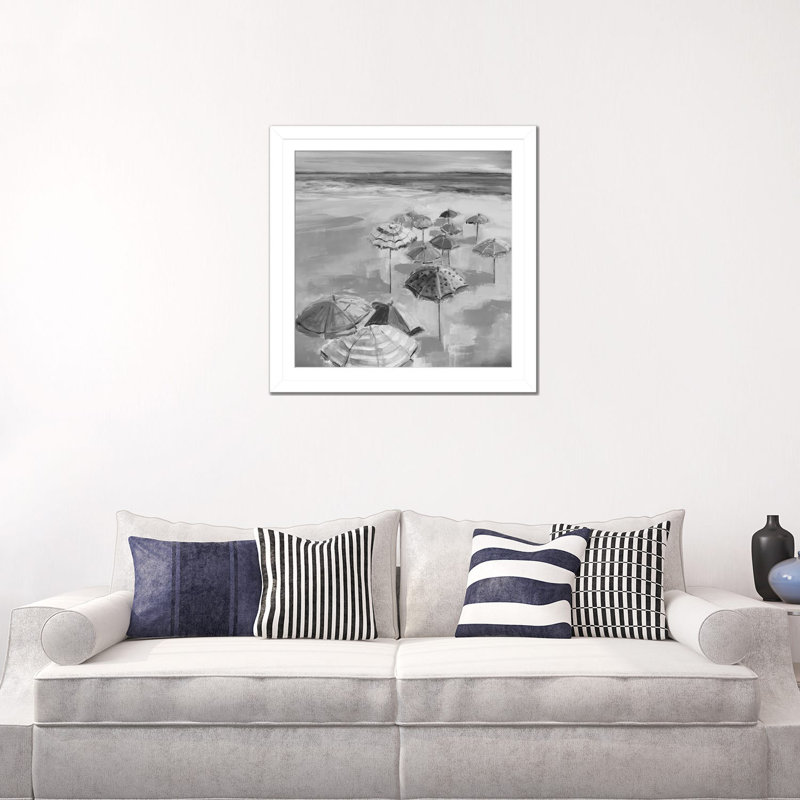 Umbrella Beach I - Black & White, White Open Corner Framed, 16" H x 16" W