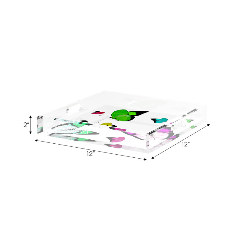 Butterflies Acrylic Square Decorative Tray, 12" W x 12" D x 2" H, Acid Green