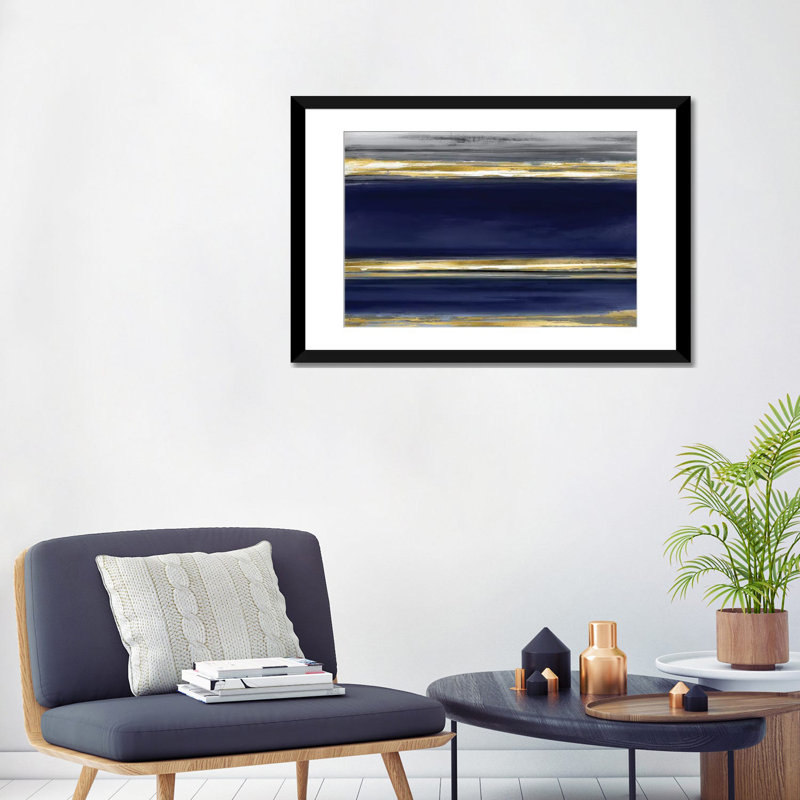 «Parallel Lines on Indigo», impression sur toile, H 24 po x l 32 po x P 1 po, Papier d'art encadré noir, Blanc
