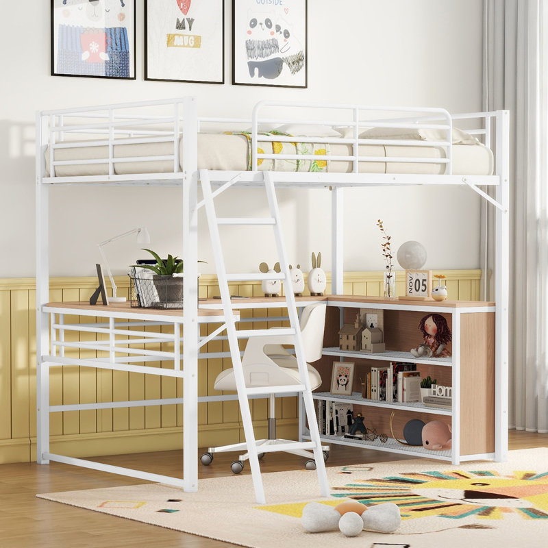 Metal Loft Bed with L-Shaped Desk and 3-Tier Shelves, Space-Saving Loft Bed for Teens & Students, White, Full
