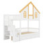 Lit superposé pour enfants avec toit de maison, fenêtre, porte, escalier et tiroirs de rangement