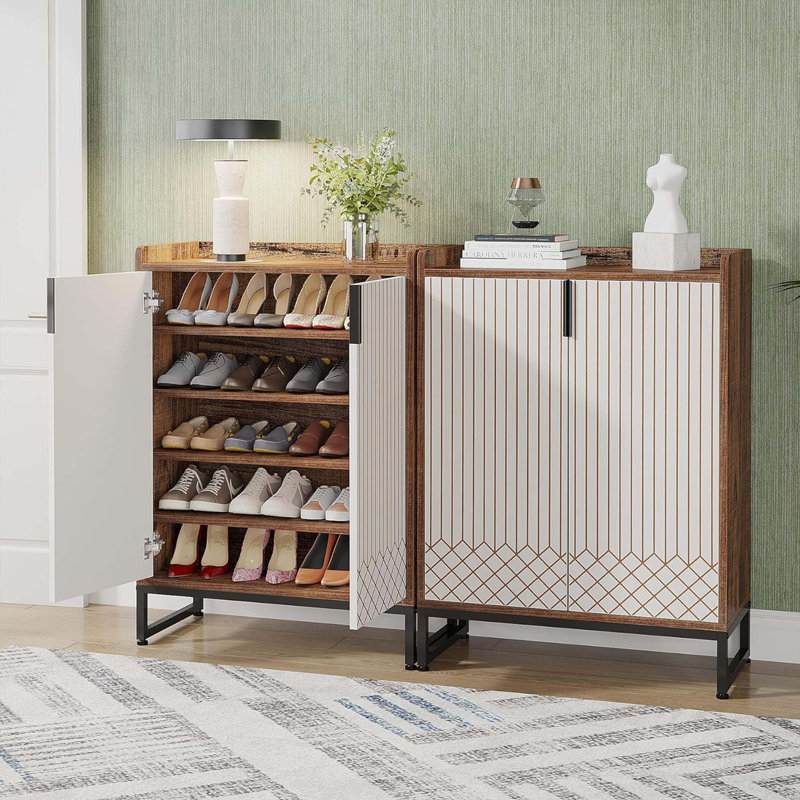 Range-chaussures à 5 niveaux avec portes, Brun / Blanc
