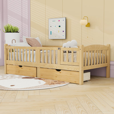 Wooden Platform Bed with Built-in Storage Drawers and Full-Length Guardrails