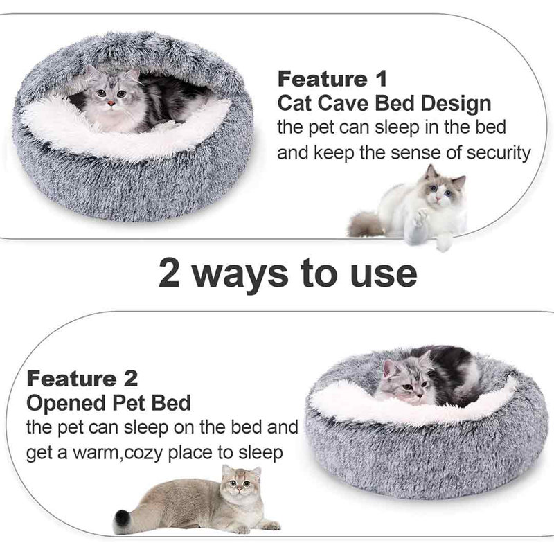 Gray Faux Fur Medium Pet Bed with Hooded Cover