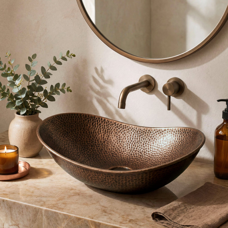 Vasque de salle de bain rustique en cuivre pur martelé à la main, en forme de bateau, de 48 cm (19 po)., Cuivre foncé vieilli