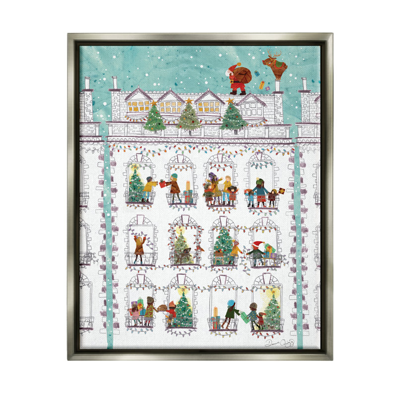 «Santa Claus cadeaux City Rooftop» par Dawn Quigg, impression, H 21 po x l 17 po x P 1,7 po, Cadre flottant gris lustré