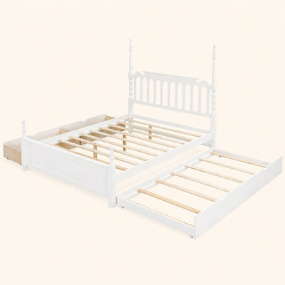 Structure de lit plateforme avec lit gigogne simple TG et 2 tiroirs de rangement, lit en bois classique avec tête de lit à broche