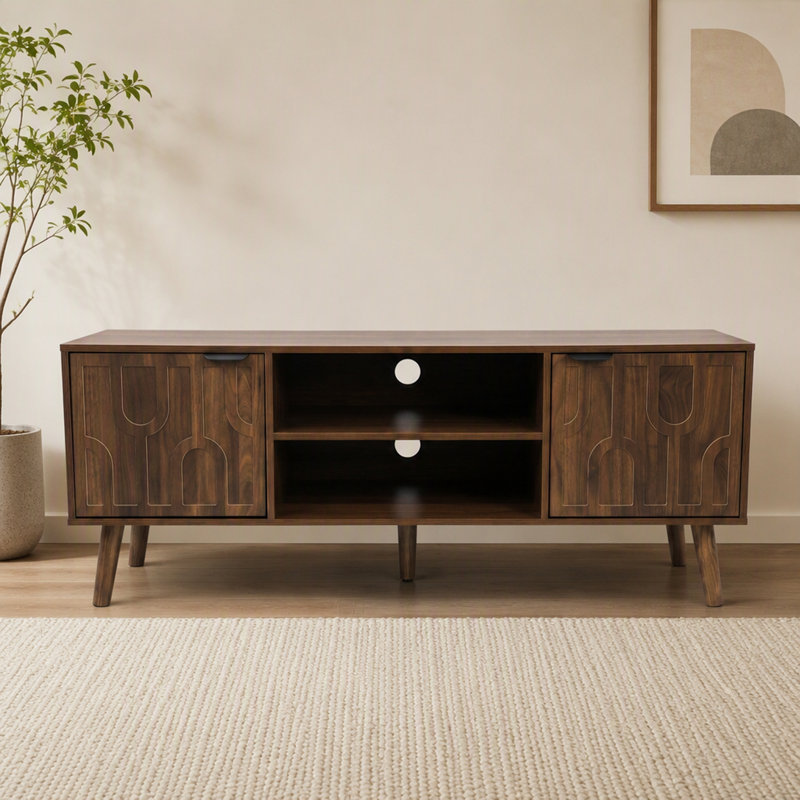 Meuble télé de style moderne du milieu du siècle avec pieds en forme de trombone et rangement