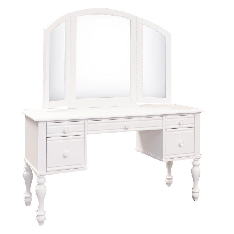 Coiffeuse Alvy avec miroir à trois volets et banquette rembourrée