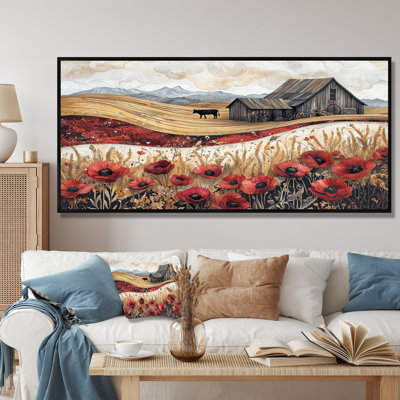 Les coquelicots de campagne et la vache et la grange III - coquelicots, art mural pour le salon