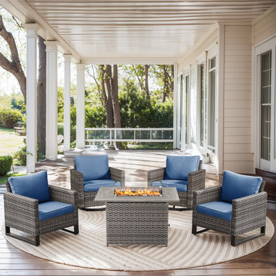 Naresa 5-Piece Outdoor Wicker Furniture Set With Swivel Glider Chairs & Fire Pit Table