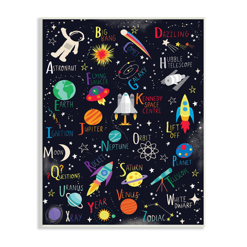 Outer Space Fun Alphabet Kid's ABC - Art textuel, Plaque murale, H 19 po x l 13 po x P 1 po