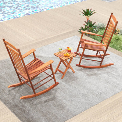 3PCS Patio Poplar Wood Rocking Bistro Set Outdoor Furniture Set for Garden